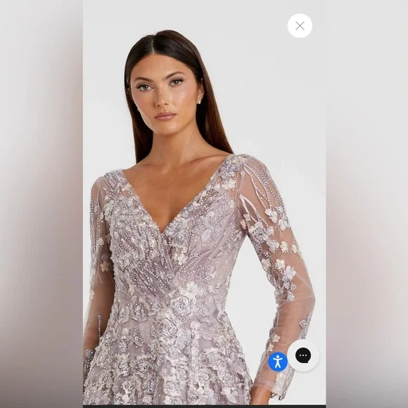 MWT MAC DUGGALEMBROIDERED LACE WRAP OVER ILLUSION LONG SLEEVE LILLAC GOWN